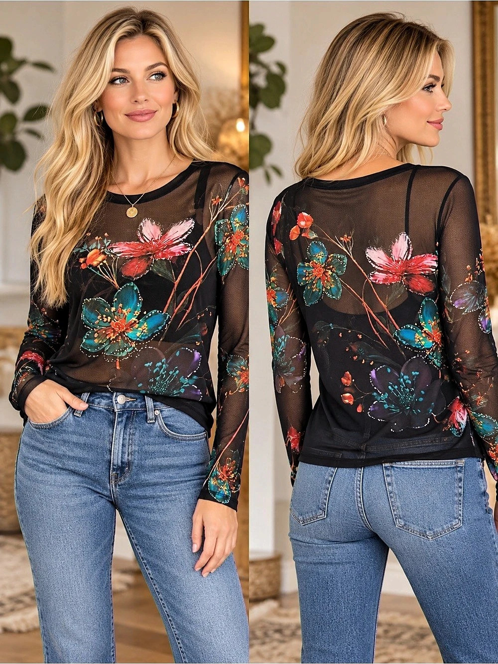 Floral Long Sleeve Top in Black & Pink Like New